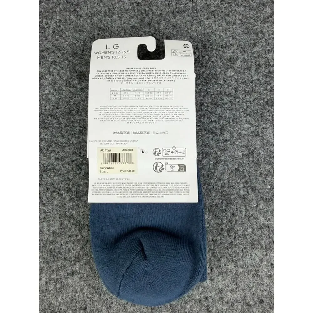 Alo Yoga Unisex Half-Crew Throwback Socks Navy Blue / White Size Large NWT $34